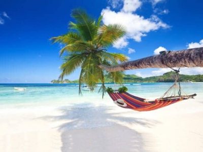 Caribbean beach holiday with hammock on a white sand beach